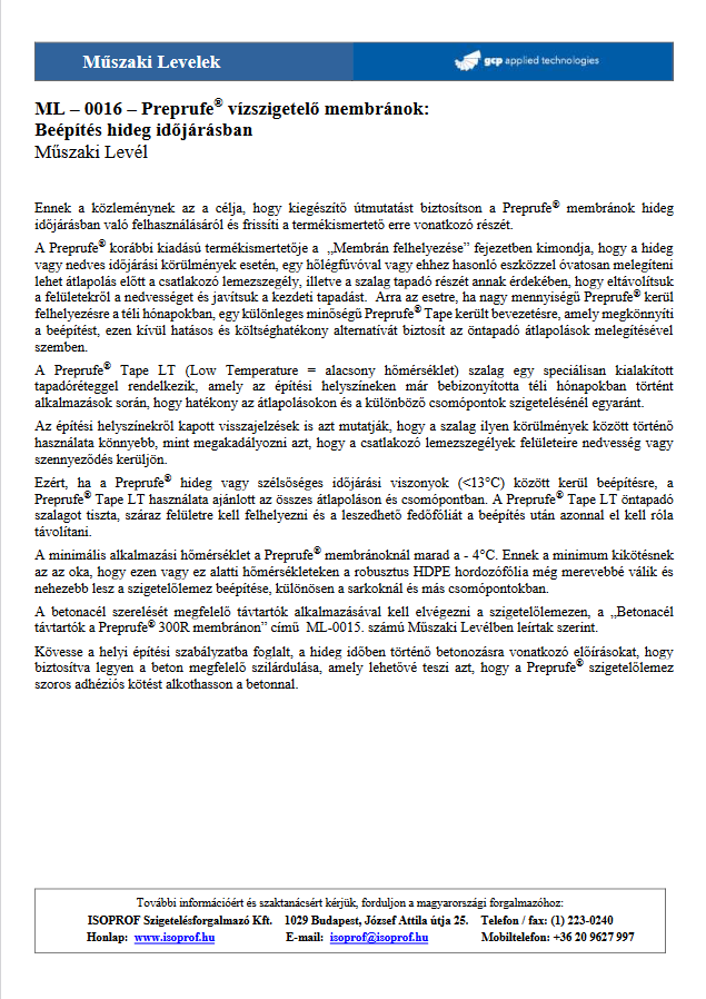ML- 0016 Preprufe vízszigetelő membránok - beépítés hideg időjárásban (műszaki levél) dokumentum előnézetu képe